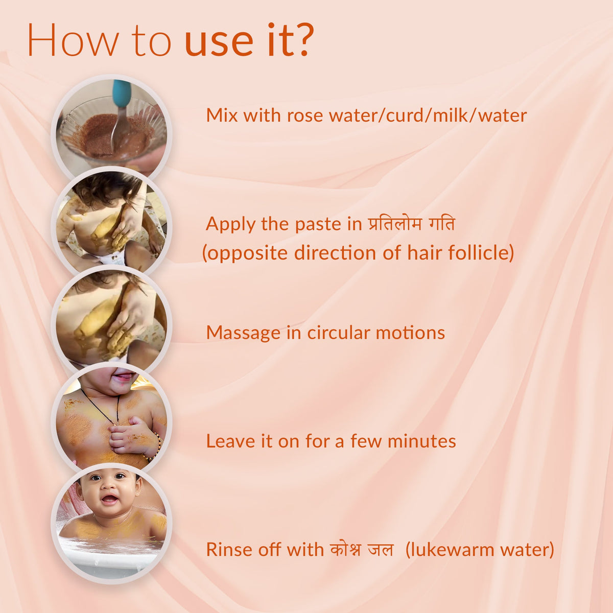 Steps to use Babyorgano Natural Ubtan for baby