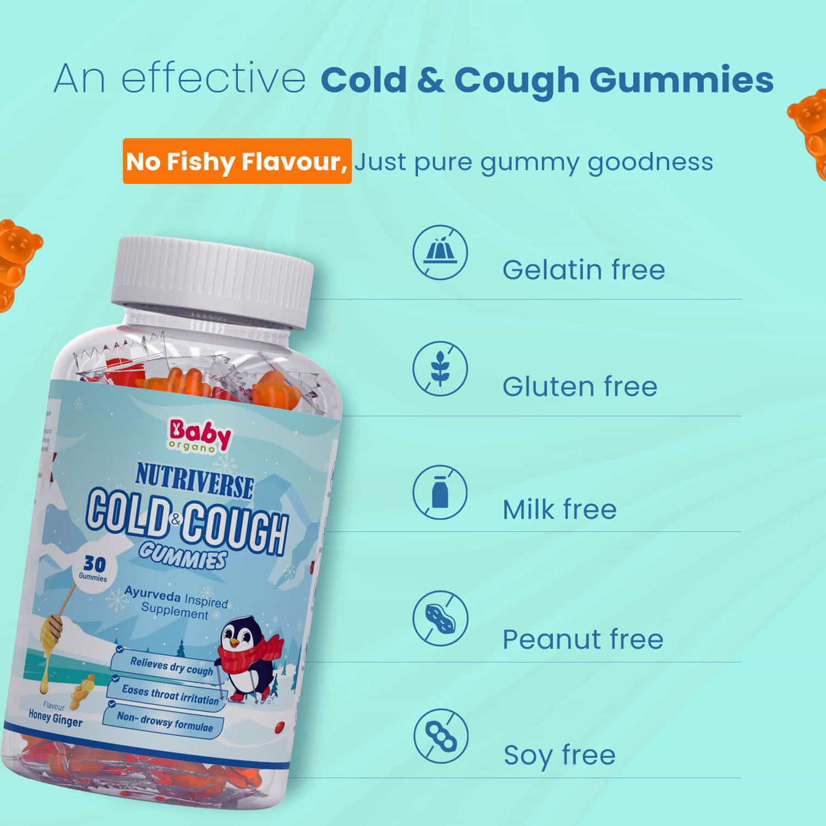 Nutriverse Cold and Cough Gummies | Made with Yashtimadhu & Turmeric | For Cold and Cough Relief | Ginger & Honey Flavour