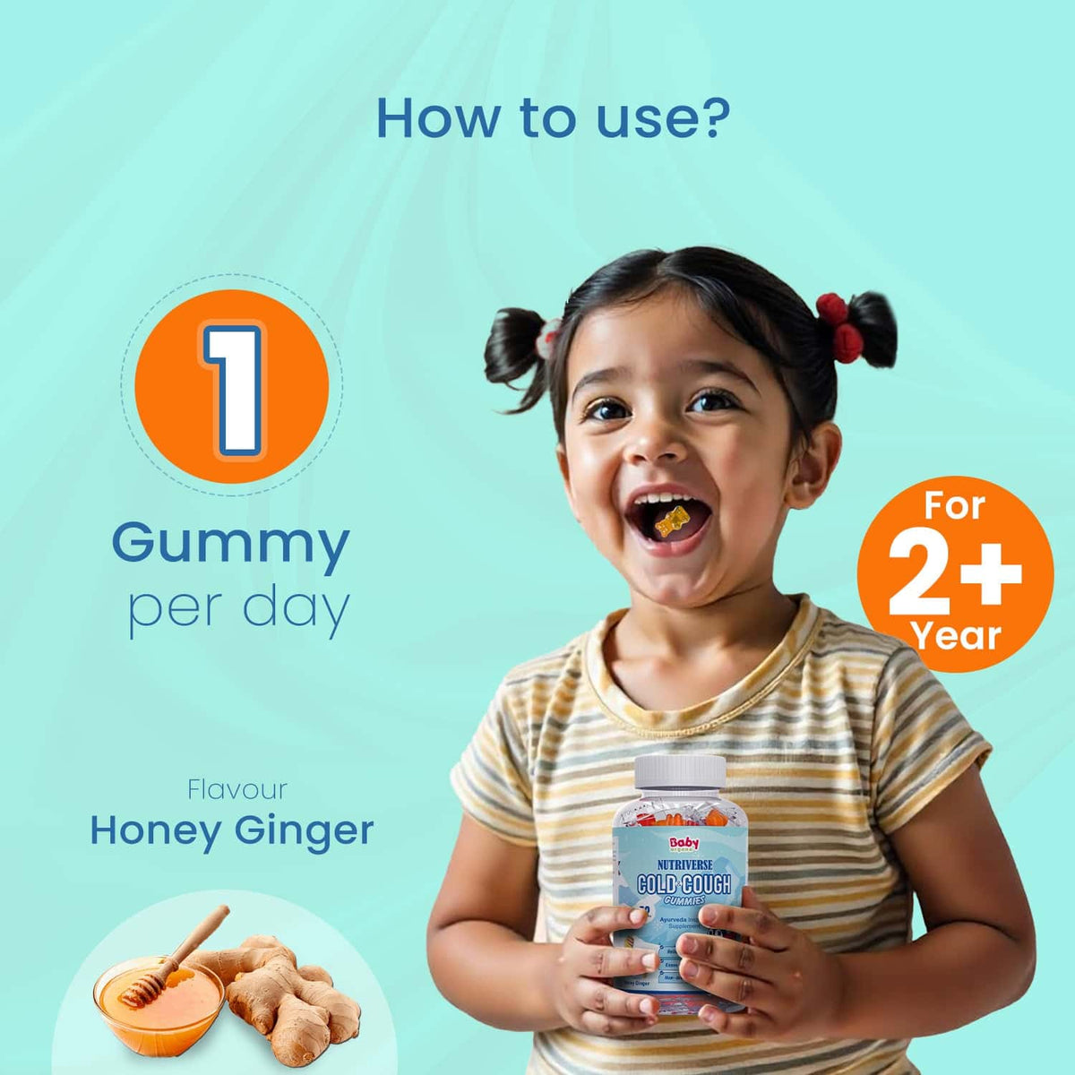 Nutriverse Cold and Cough Gummies | Made with Yashtimadhu & Turmeric | For Cold and Cough Relief | Ginger & Honey Flavour