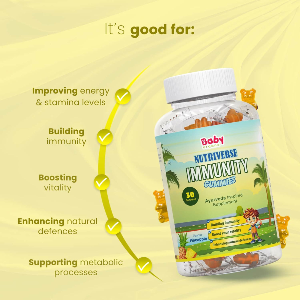 Nutriverse Immunity Gummies for Kids | Made with Guduchi & Turmeric | Support Immune System | Pineapple Flavour | 2+ Years