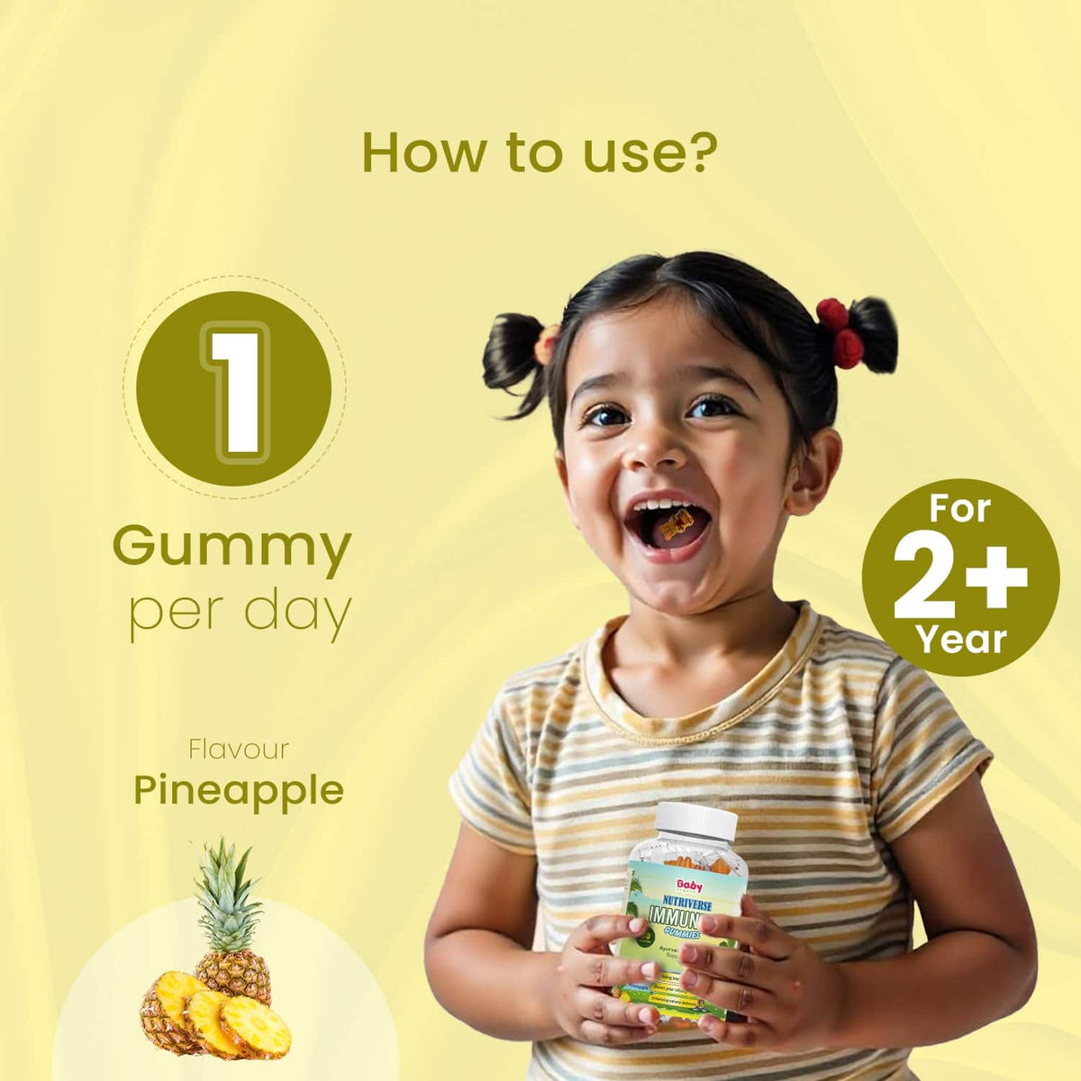 Nutriverse Immunity Gummies for Kids | Made with Guduchi & Turmeric | Support Immune System | Pineapple Flavour | 2+ Years